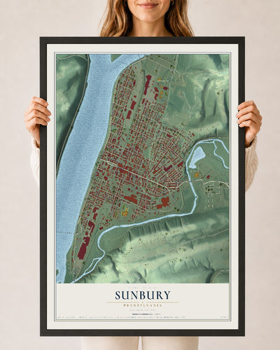 Map of Sunbury, Pennsylvania, 24 x 36 inch print in a black wood frame