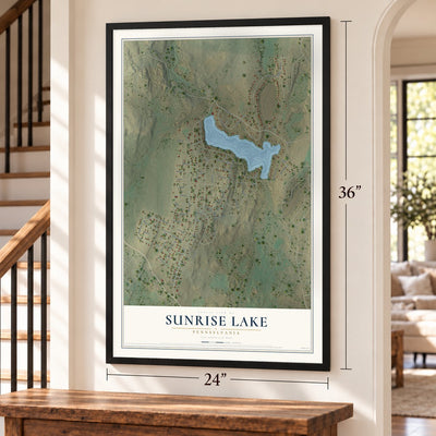 Sunrise Lake, Pennsylvania map, 24 x 36 inch print in a black frame by a staircase