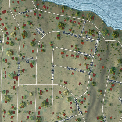 Close-up of the map of Sunrise Lake, Pennsylvania print showing street and building detail