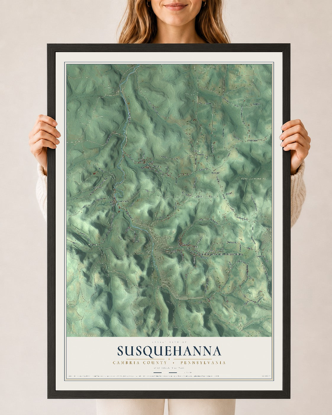 Map of Susquehanna, Cambria County, Pennsylvania, 24 x 36 inch print in a black wood frame