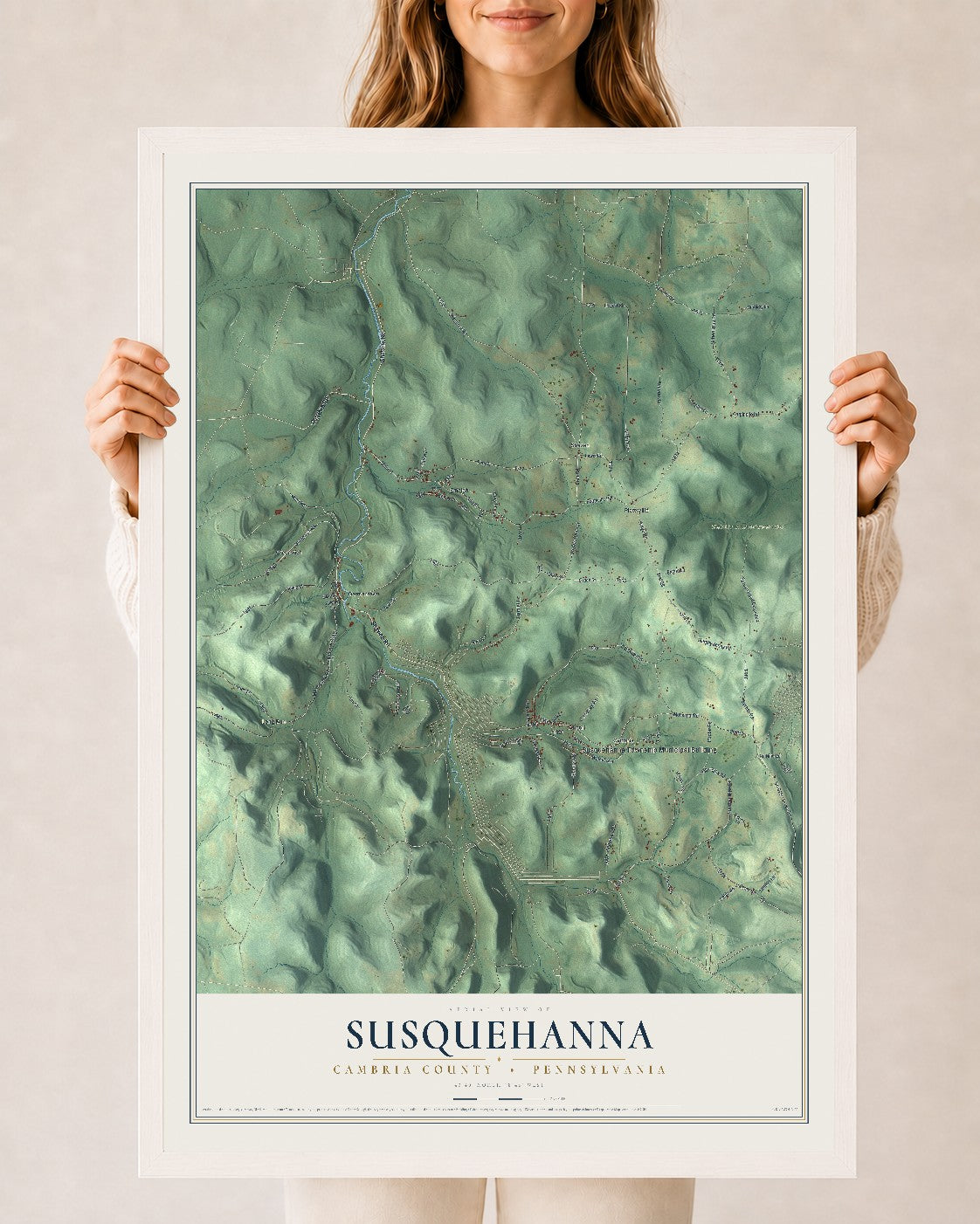 Map of Susquehanna, Cambria County, Pennsylvania, 24 x 36 inch print in a white wood frame