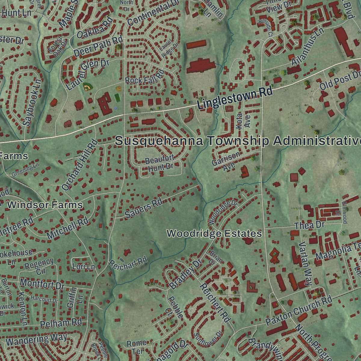 Second close-up of the map of Susquehanna, Dauphin County, Pennsylvania print showing more streets and buildings