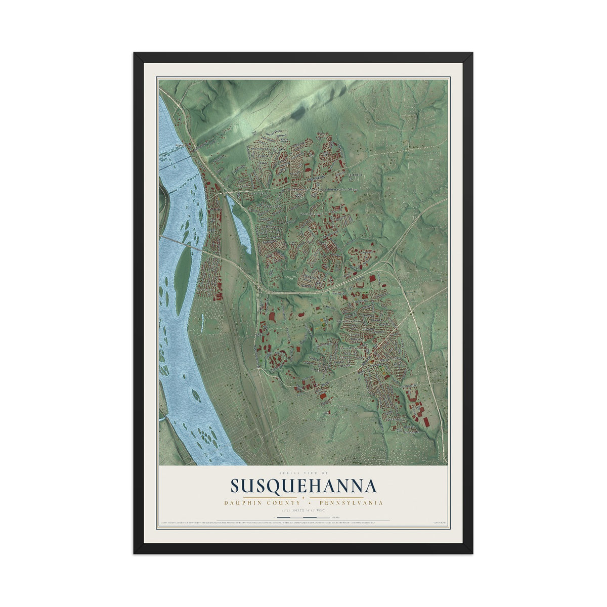 Map of Susquehanna, Dauphin County, Pennsylvania, 12 x 18 inch print in a black wood frame