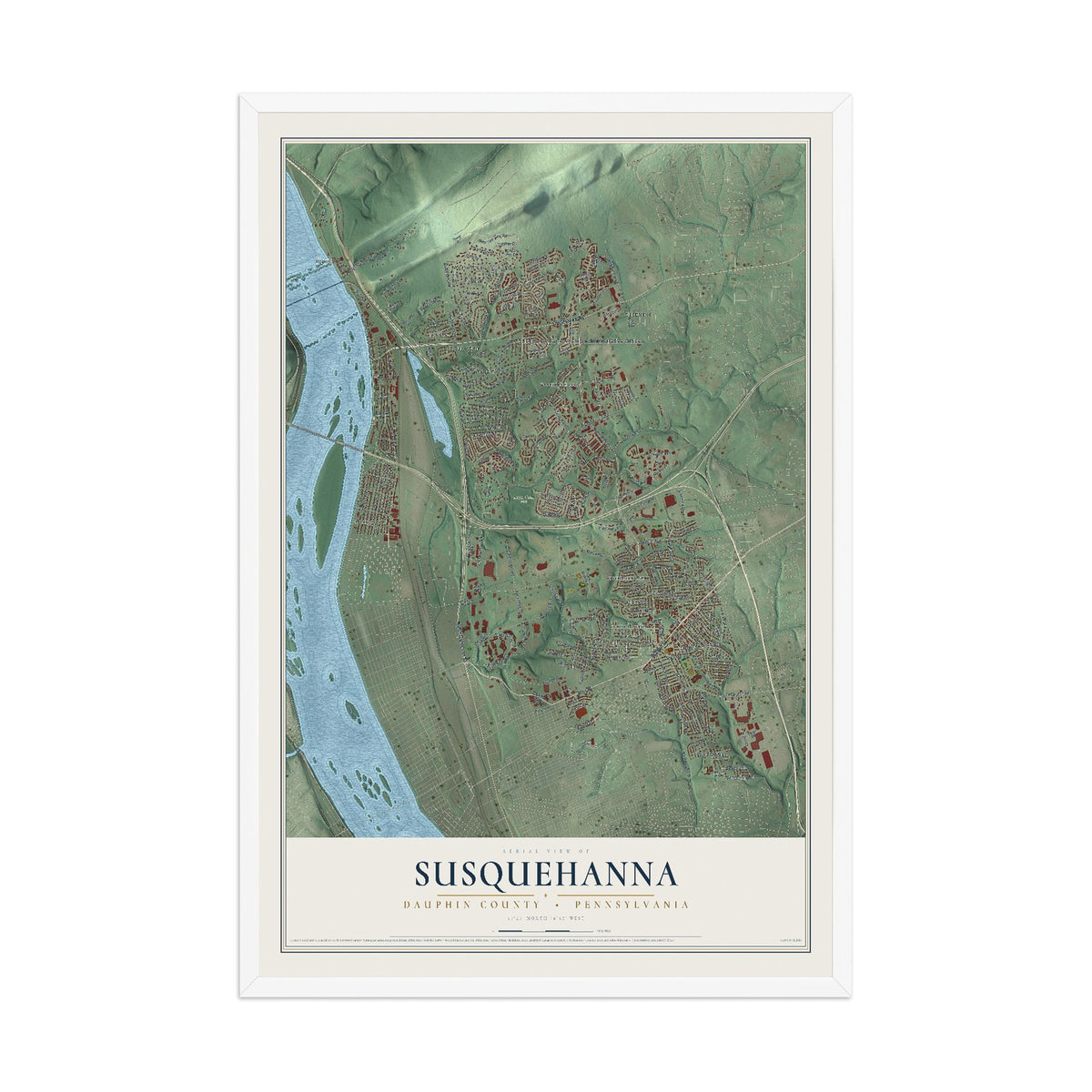 Map of Susquehanna, Dauphin County, Pennsylvania, 12 x 18 inch print in a white wood frame