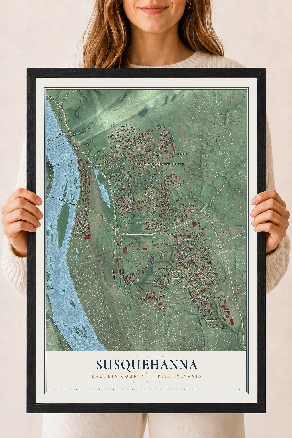 Map of Susquehanna, Dauphin County, Pennsylvania, 18 x 24 inch print in a black wood frame