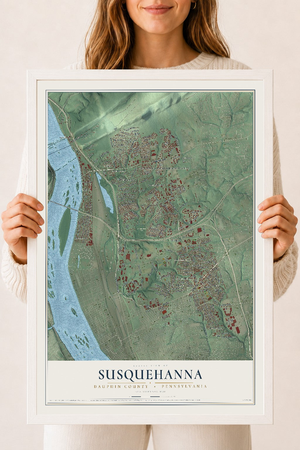Map of Susquehanna, Dauphin County, Pennsylvania, 18 x 24 inch print in a white wood frame