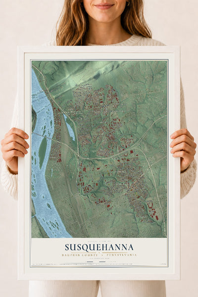 Map of Susquehanna, Dauphin County, Pennsylvania, 18 x 24 inch print in a white wood frame