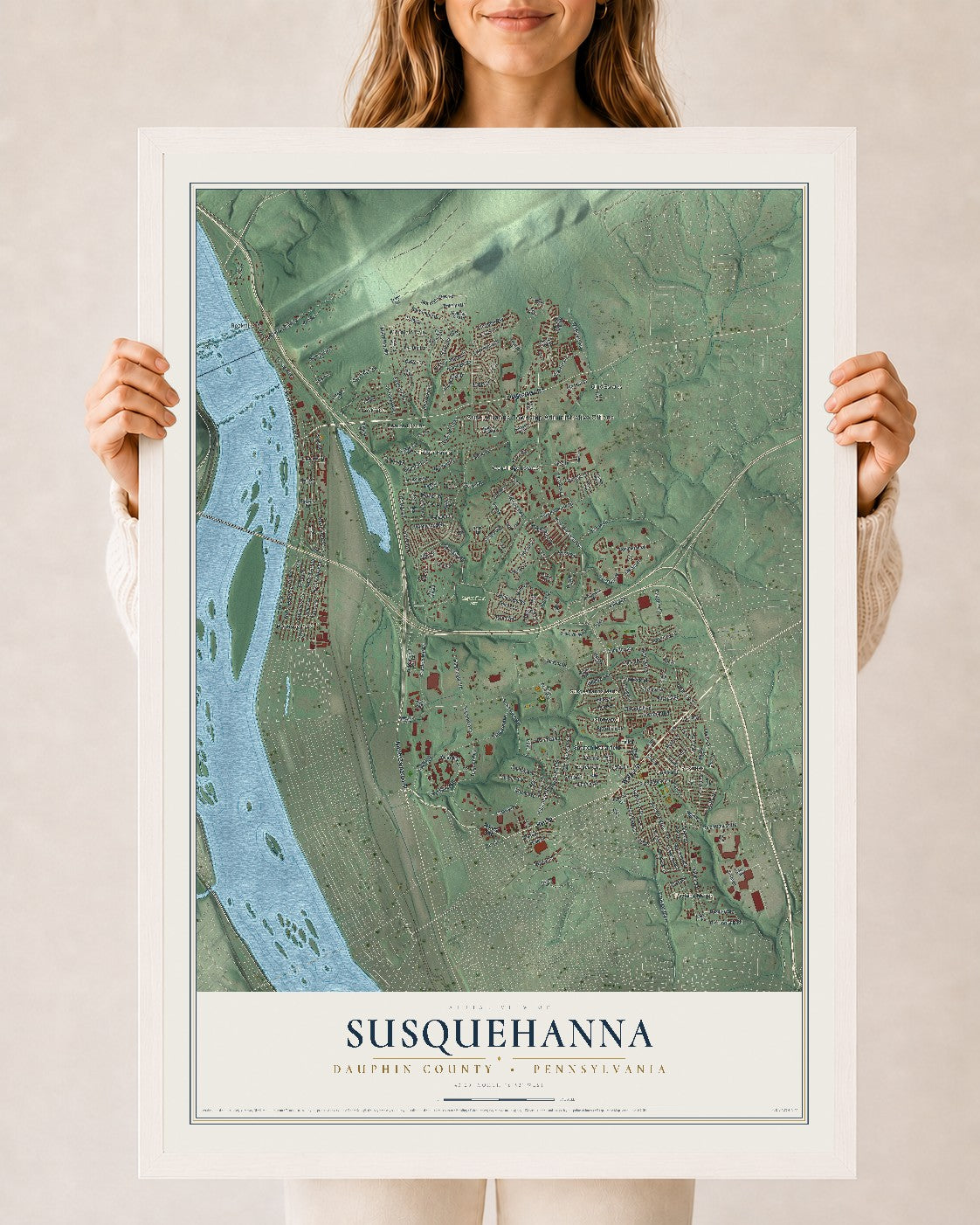 Map of Susquehanna, Dauphin County, Pennsylvania, 24 x 36 inch print in a white wood frame