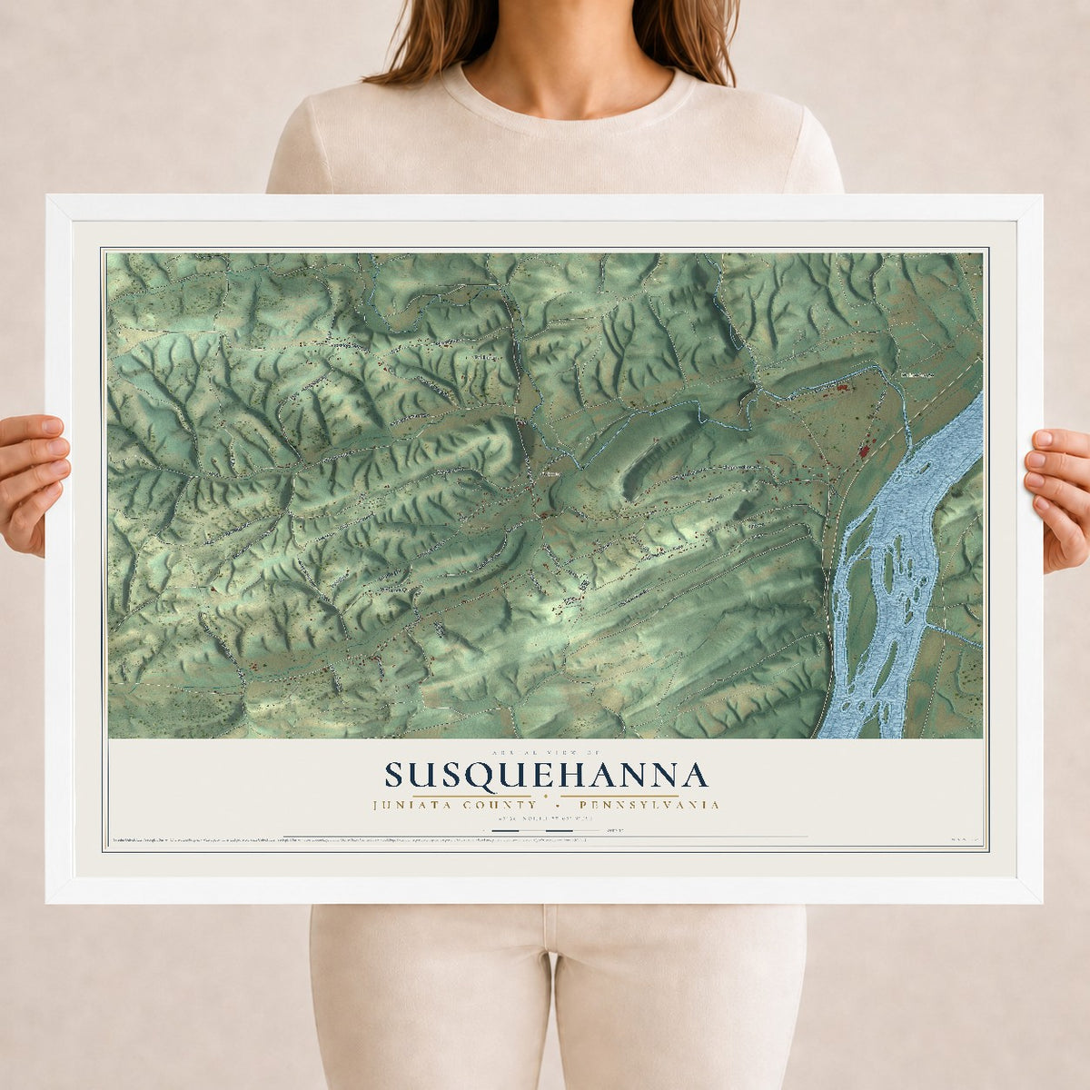 Map of Susquehanna, Juniata County, Pennsylvania, 18 x 24 inch print in a white wood frame