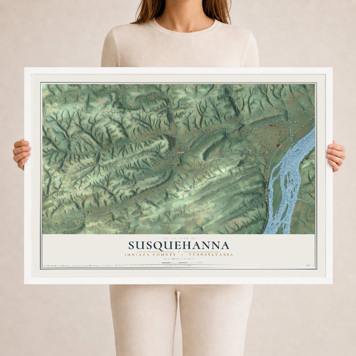 Map of Susquehanna, Juniata County, Pennsylvania, 24 x 36 inch print in a white wood frame