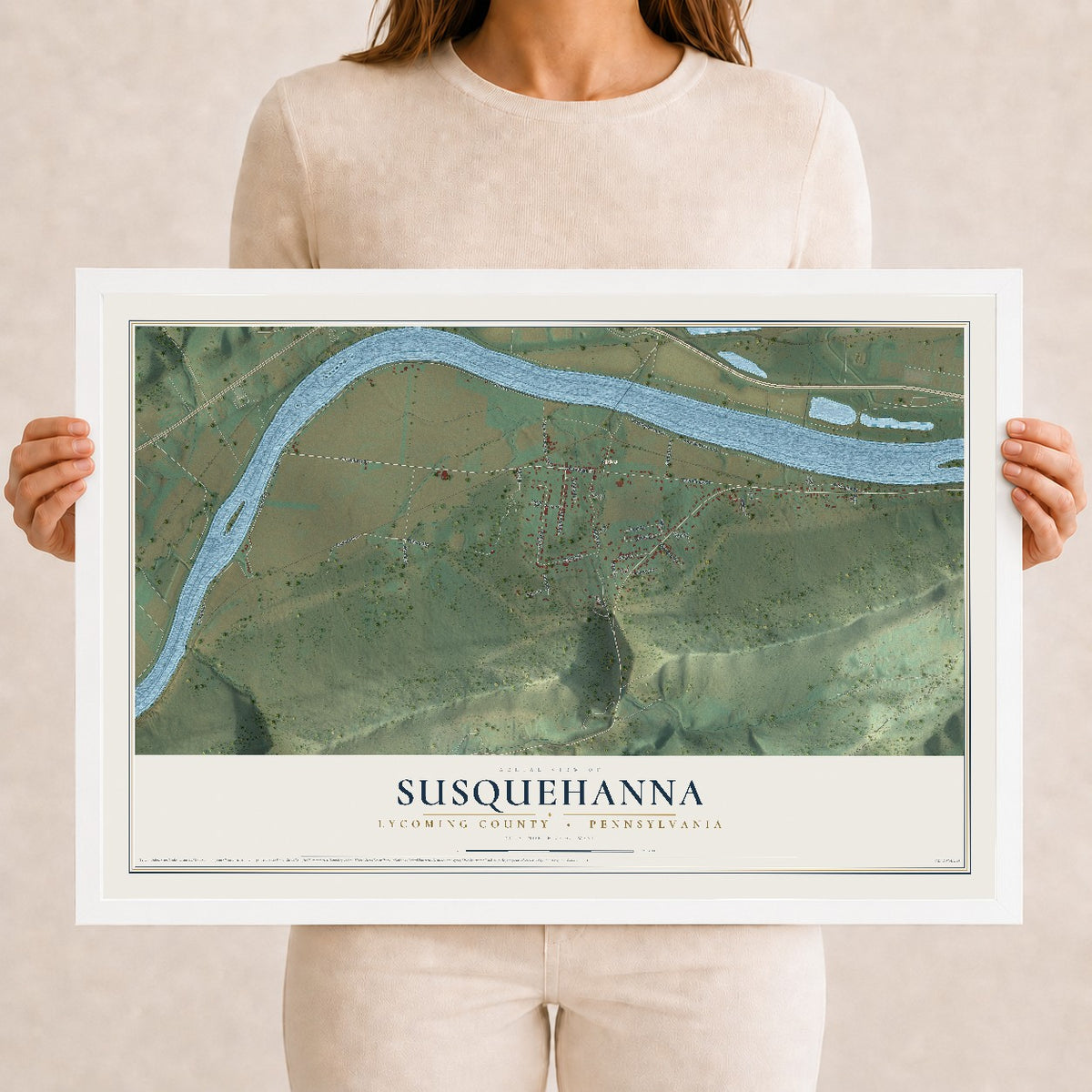 Map of Susquehanna, Lycoming County, Pennsylvania, 12 x 18 inch print in a white wood frame