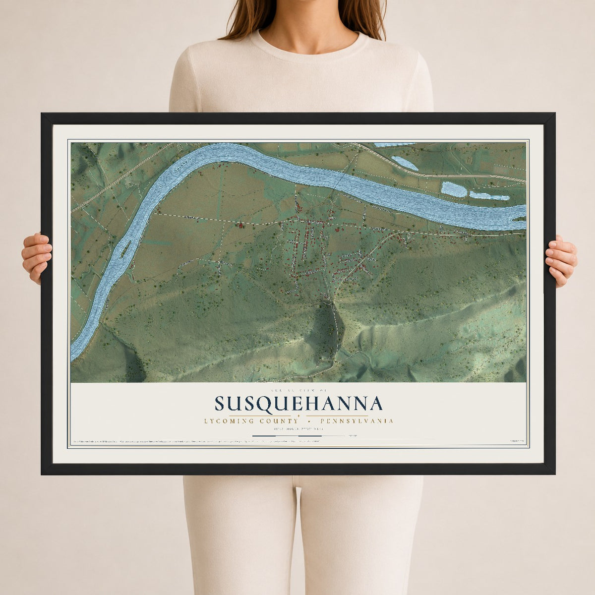 Map of Susquehanna, Lycoming County, Pennsylvania, 24 x 36 inch print in a black wood frame