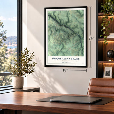 Susquehanna Trails, Pennsylvania map, 18 x 24 inch print in a black frame in a home office
