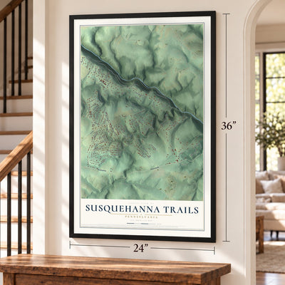 Susquehanna Trails, Pennsylvania map, 24 x 36 inch print in a black frame by a staircase