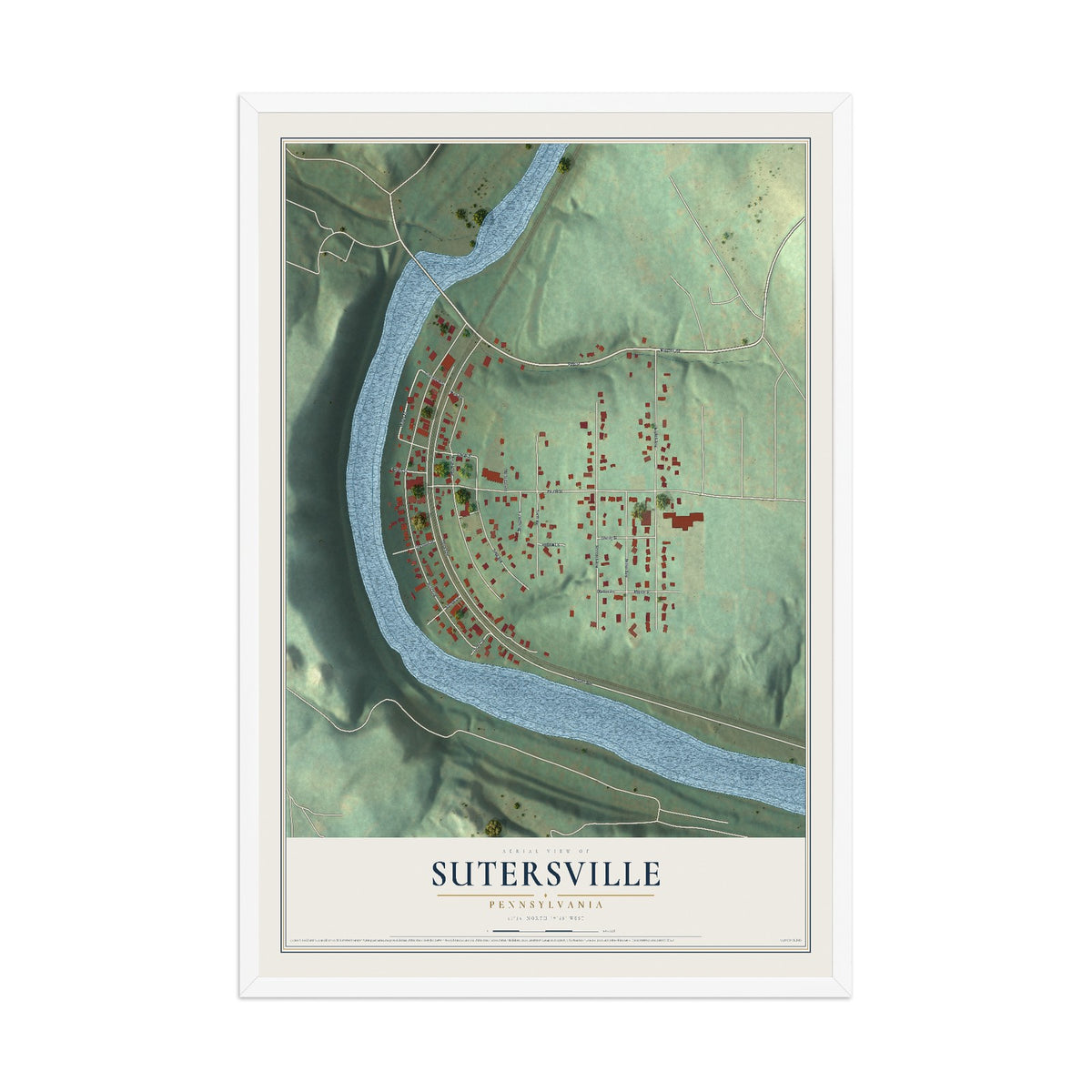Map of Sutersville, Pennsylvania, 12 x 18 inch print in a white wood frame