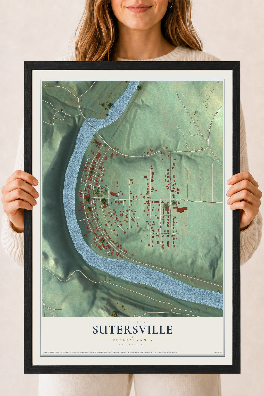 Map of Sutersville, Pennsylvania, 18 x 24 inch print in a black wood frame