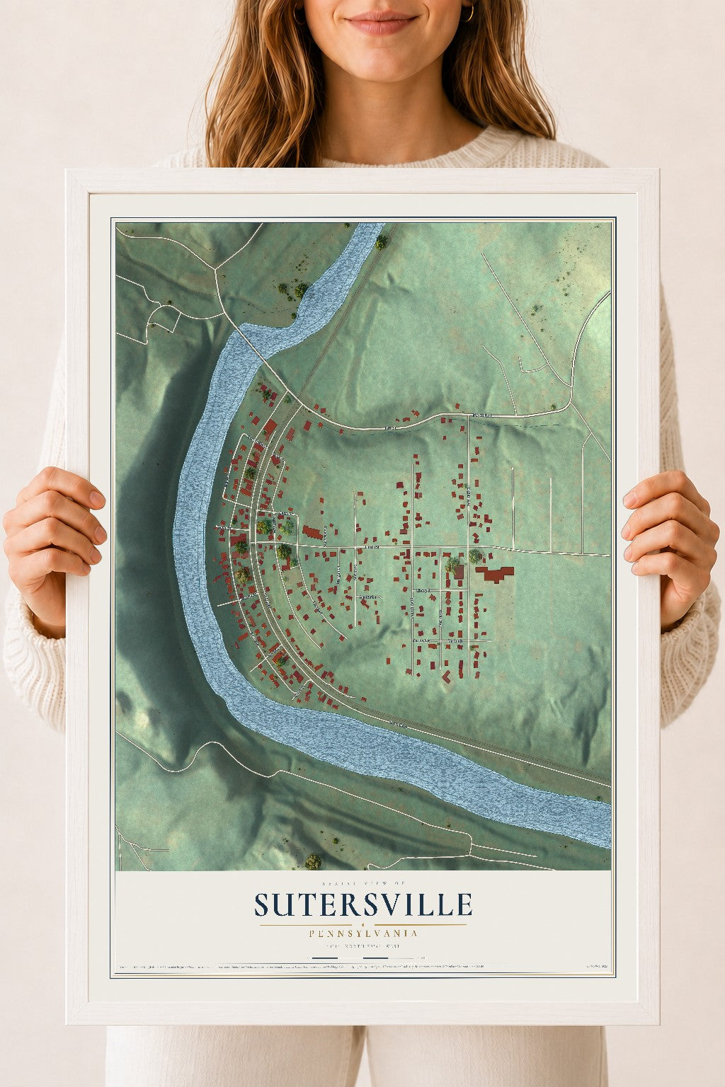 Map of Sutersville, Pennsylvania, 18 x 24 inch print in a white wood frame