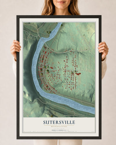 Map of Sutersville, Pennsylvania, 24 x 36 inch print in a black wood frame