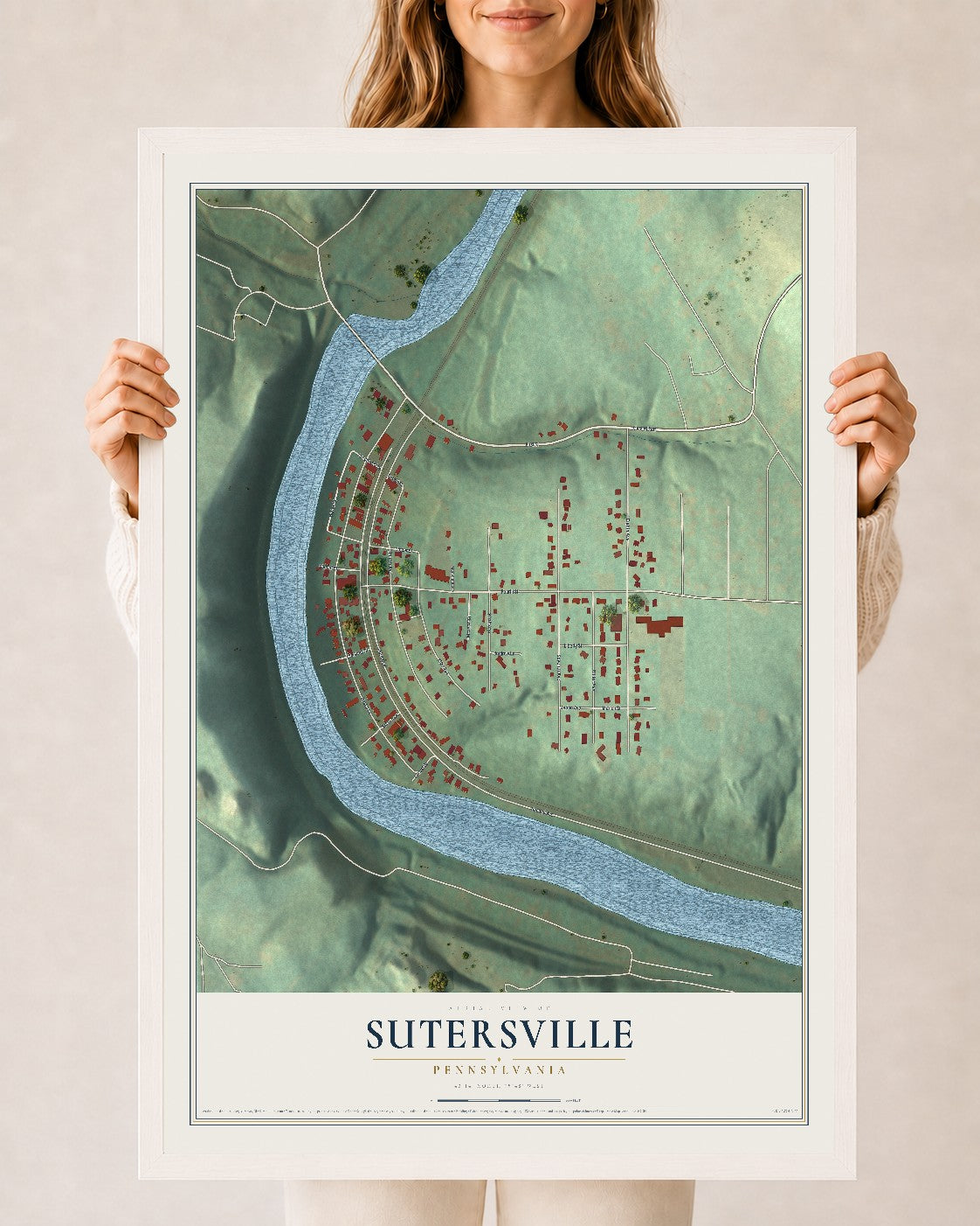 Map of Sutersville, Pennsylvania, 24 x 36 inch print in a white wood frame