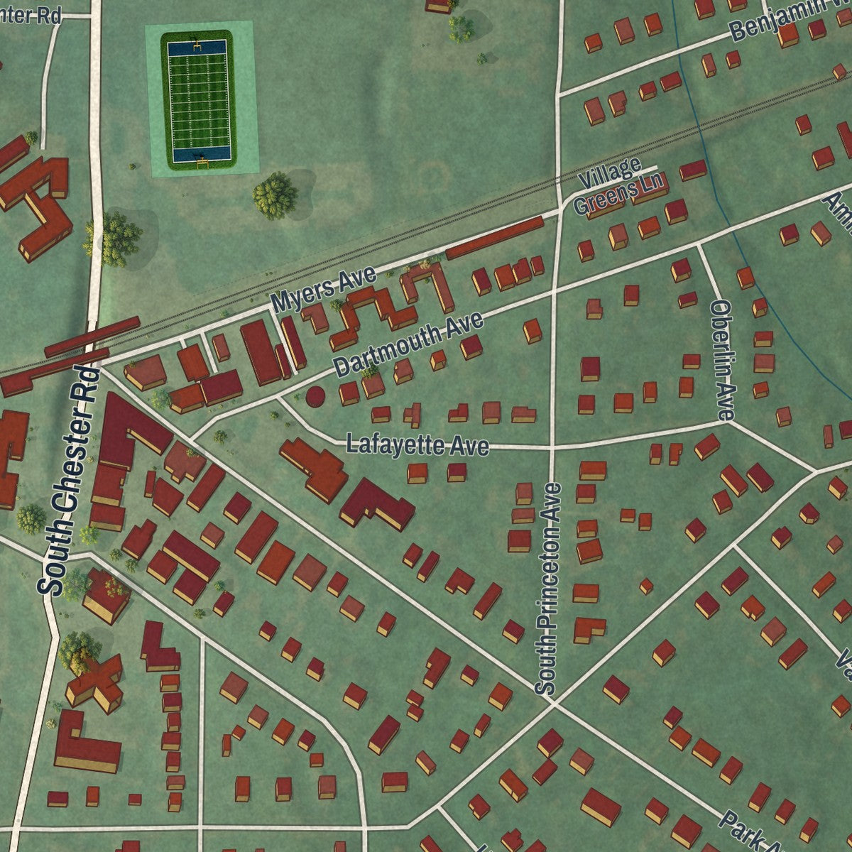 Close-up of the map of Swarthmore, Pennsylvania print showing street and building detail