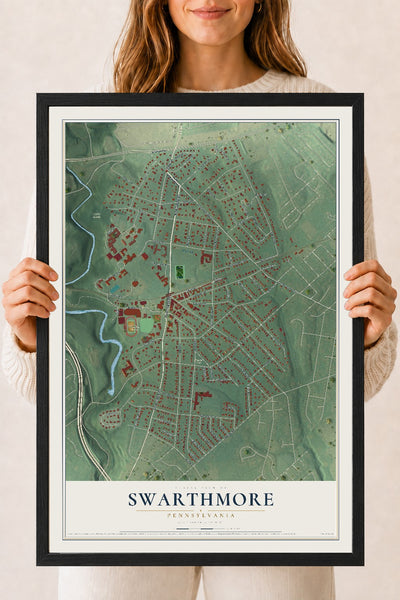 Map of Swarthmore, Pennsylvania, 18 x 24 inch print in a black wood frame