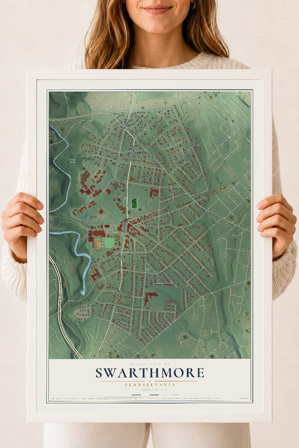 Map of Swarthmore, Pennsylvania, 18 x 24 inch print in a white wood frame