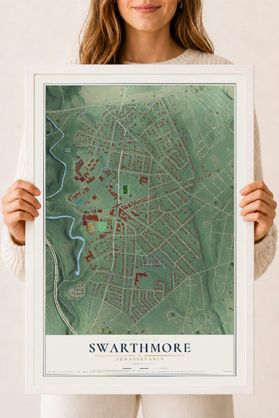 Map of Swarthmore, Pennsylvania, 18 x 24 inch print in a white wood frame