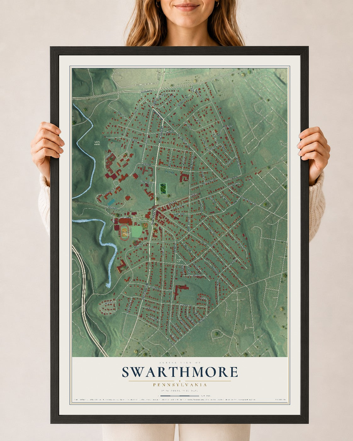 Map of Swarthmore, Pennsylvania, 24 x 36 inch print in a black wood frame