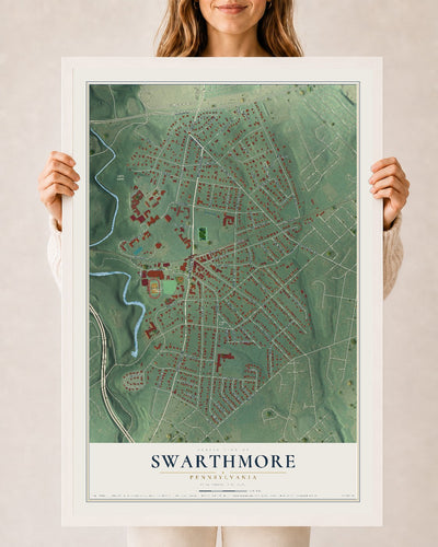 Map of Swarthmore, Pennsylvania, 24 x 36 inch print in a white wood frame