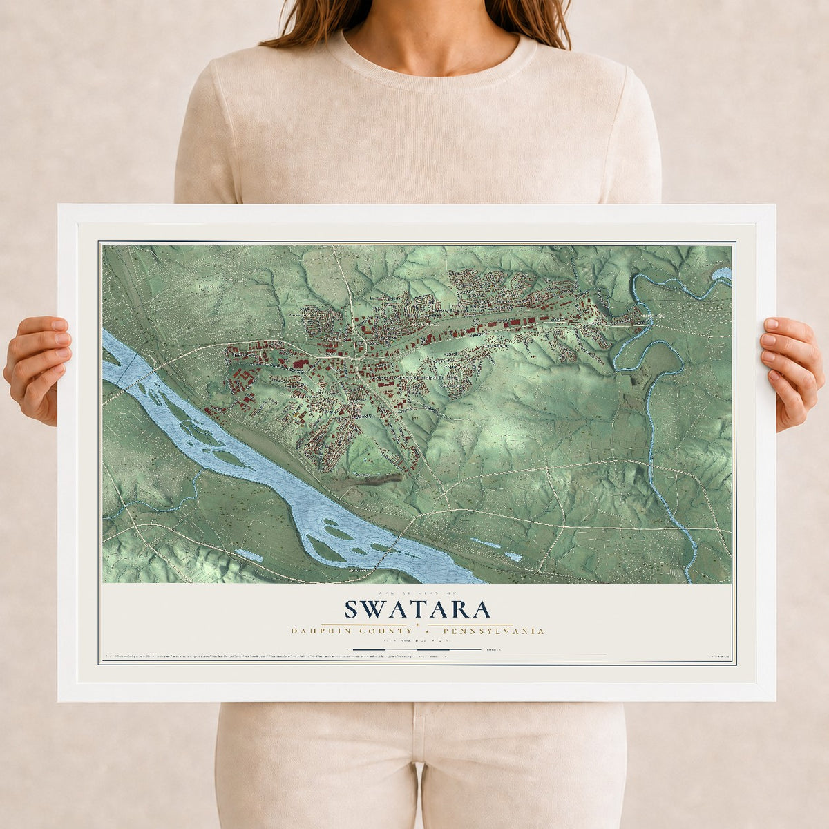 Map of Swatara, Dauphin County, Pennsylvania, 12 x 18 inch print in a white wood frame