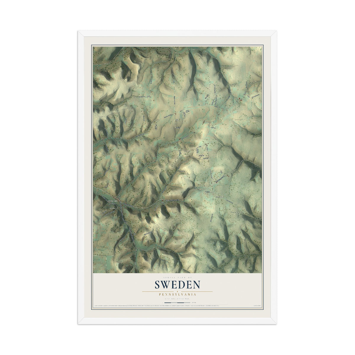 Map of Sweden, Pennsylvania, 12 x 18 inch print in a white wood frame