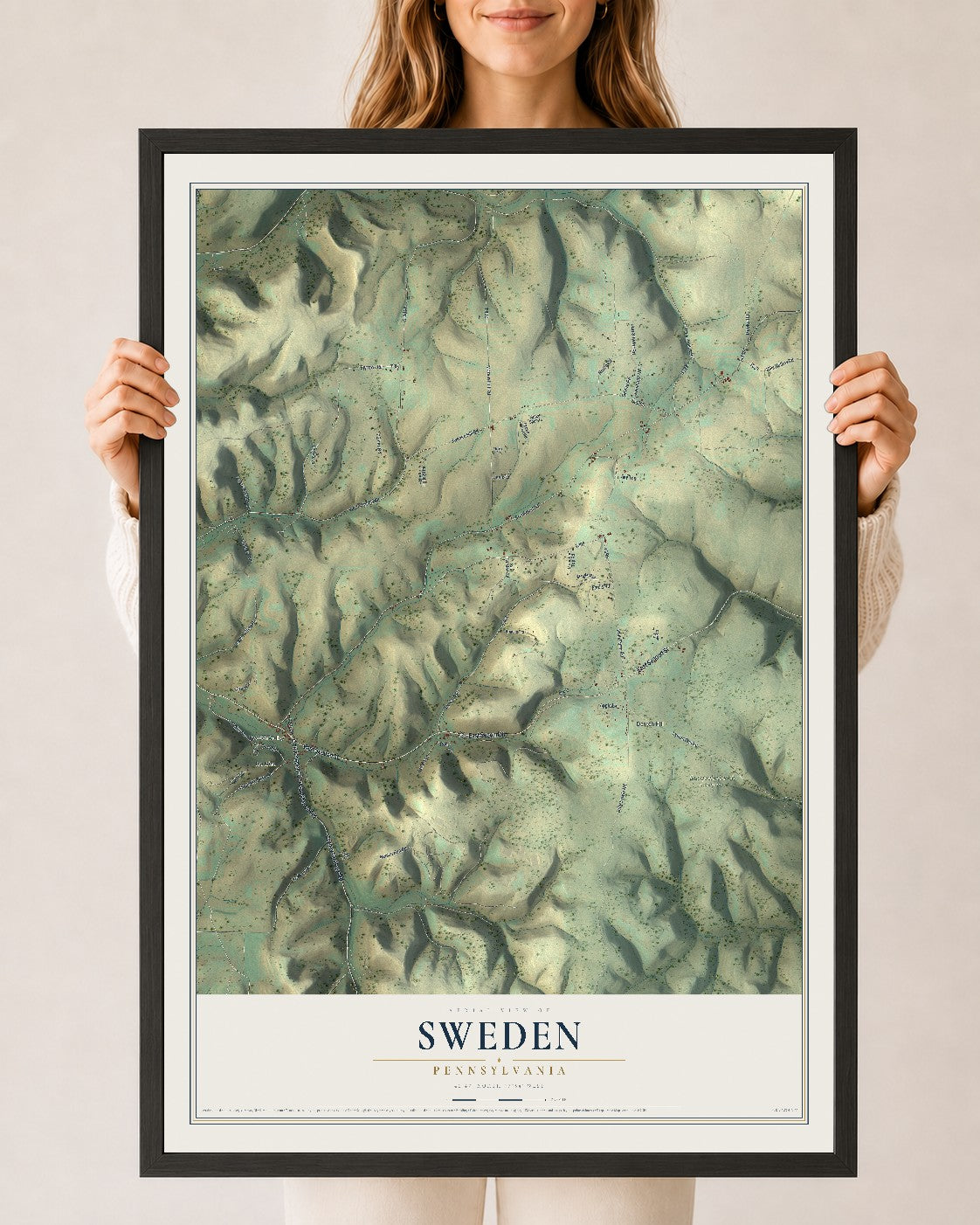 Map of Sweden, Pennsylvania, 24 x 36 inch print in a black wood frame