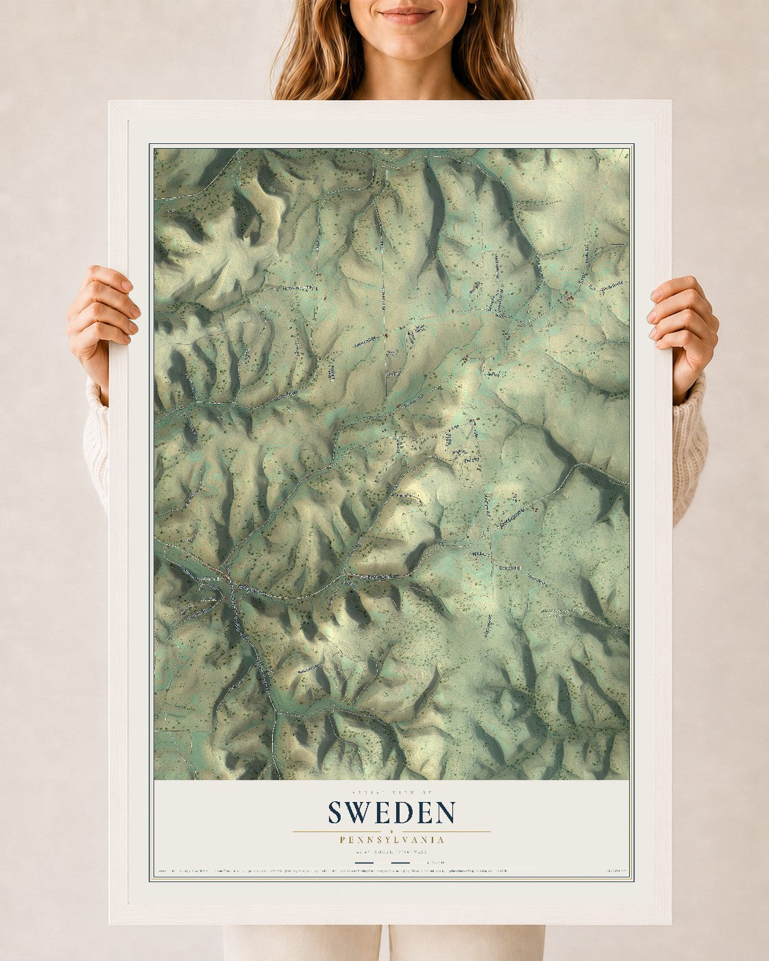 Map of Sweden, Pennsylvania, 24 x 36 inch print in a white wood frame