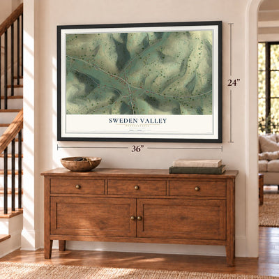 Sweden Valley, Pennsylvania map, 24 x 36 inch print in a black frame above a dresser by a staircase