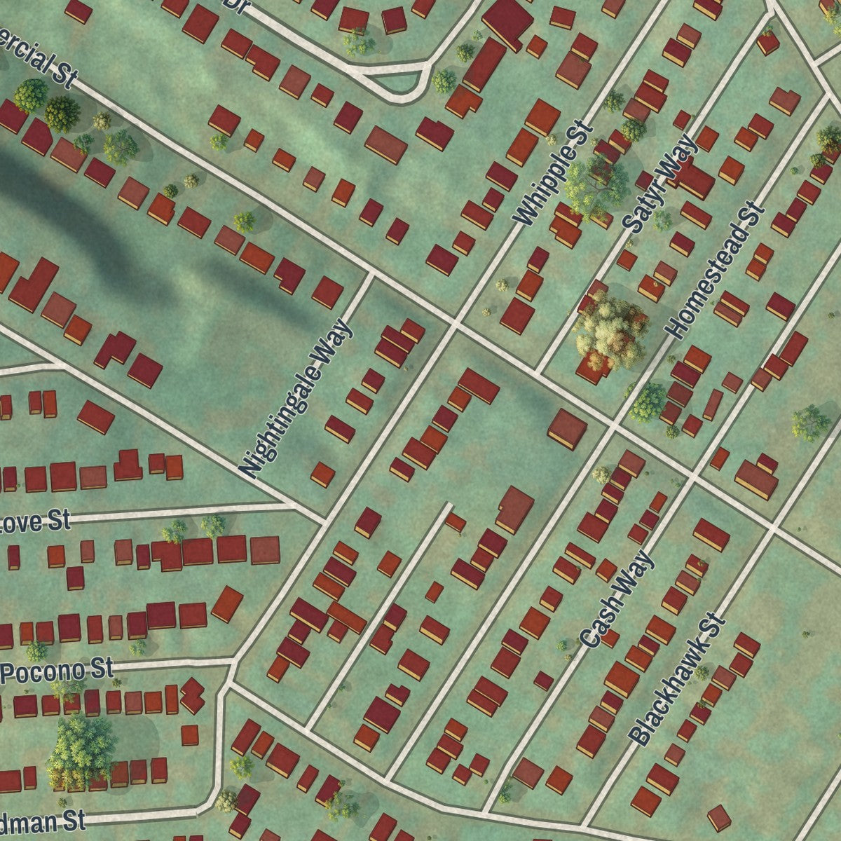 Close-up of the map of Swisshelm Park, Pennsylvania print showing street and building detail