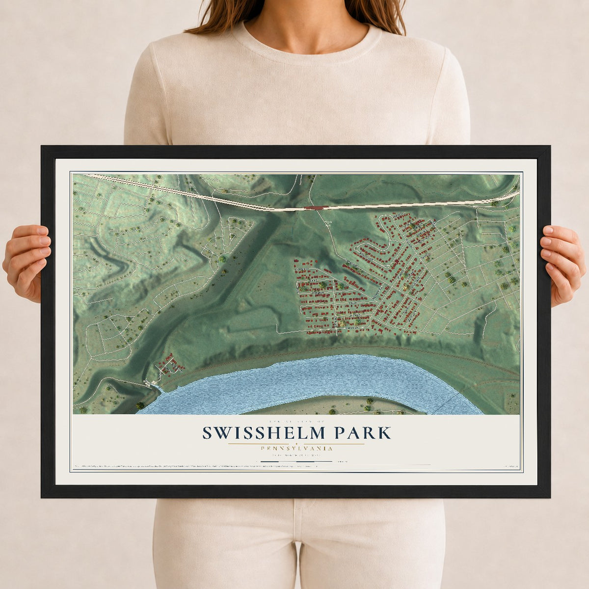 Map of Swisshelm Park, Pennsylvania, 12 x 18 inch print in a black wood frame