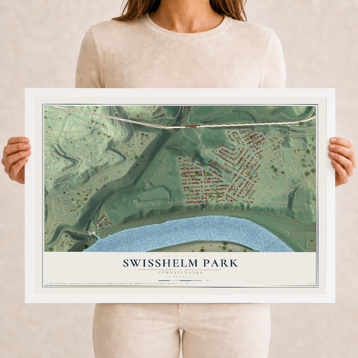 Map of Swisshelm Park, Pennsylvania, 12 x 18 inch print in a white wood frame