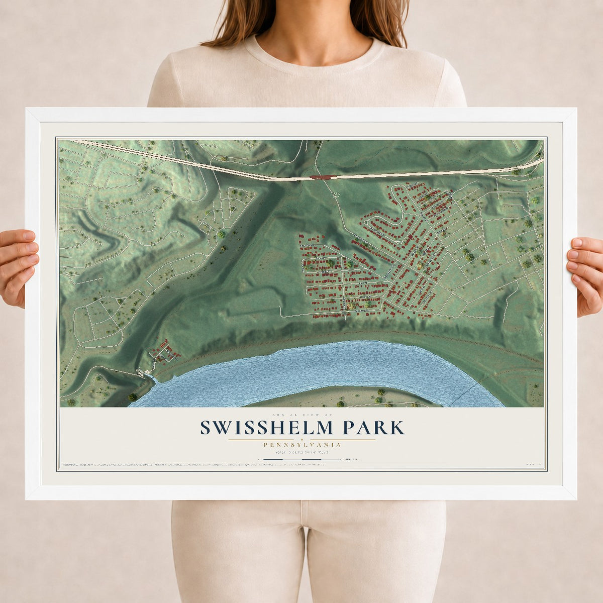Map of Swisshelm Park, Pennsylvania, 18 x 24 inch print in a white wood frame