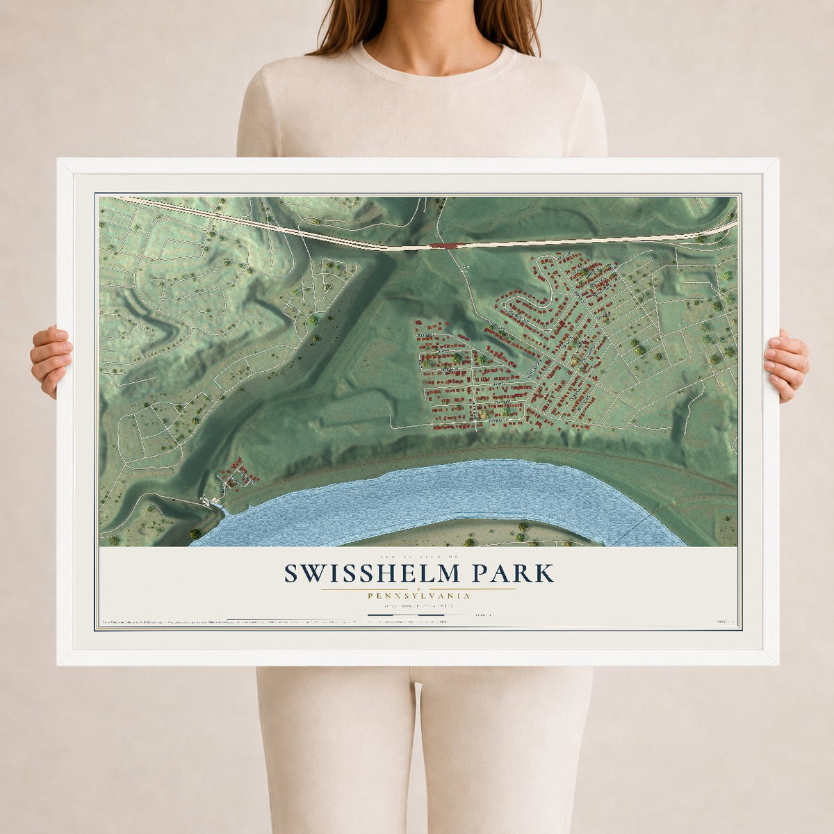 Map of Swisshelm Park, Pennsylvania, 24 x 36 inch print in a white wood frame