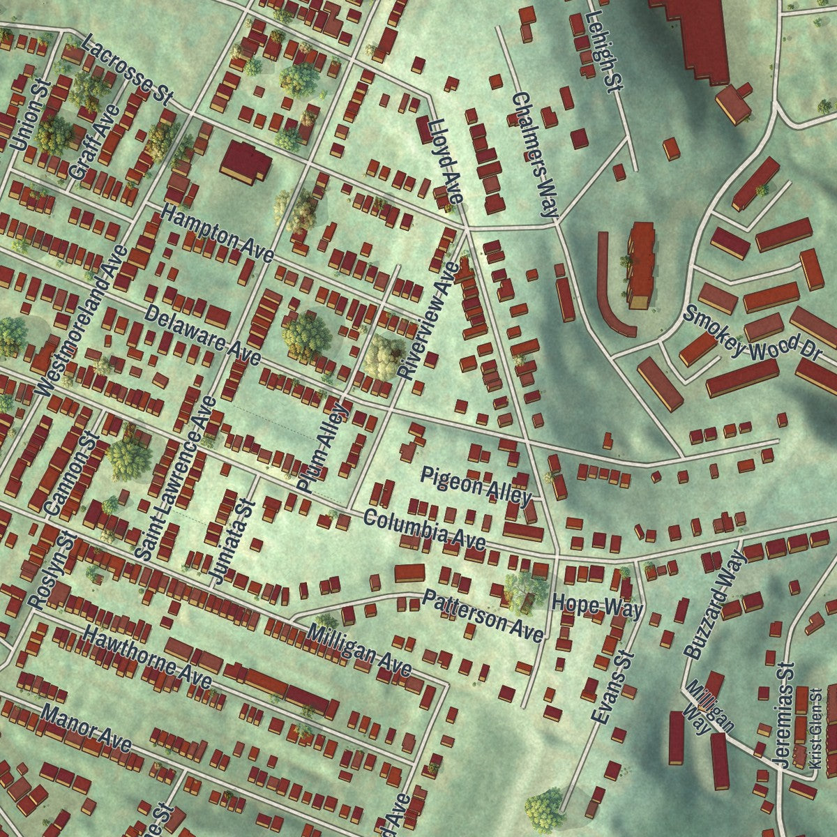 Close-up of the map of Swissvale, Pennsylvania print showing street and building detail