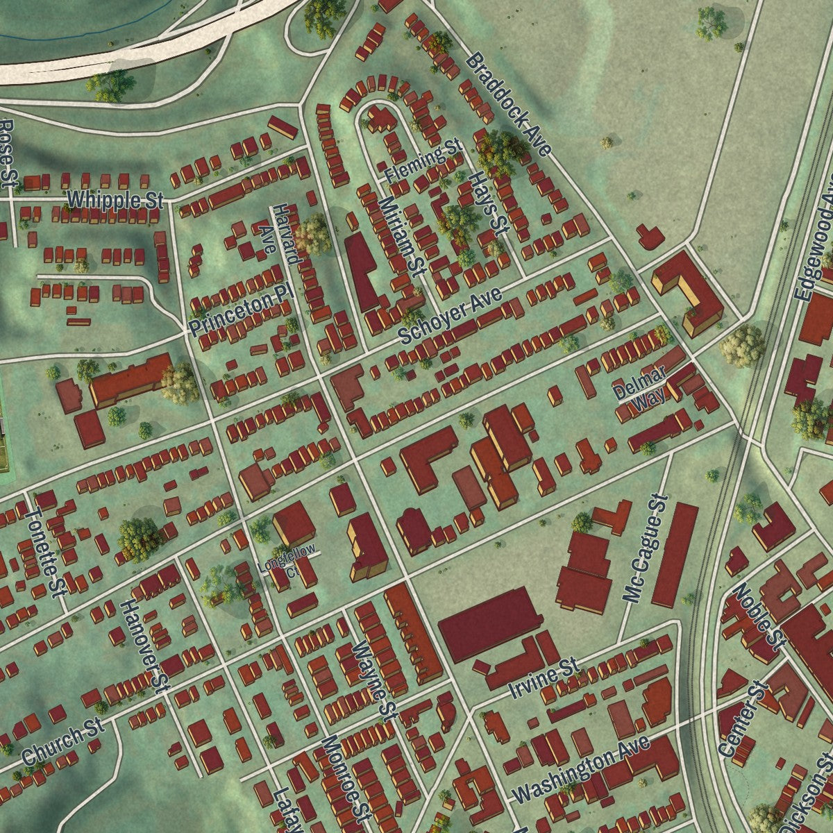 Second close-up of the map of Swissvale, Pennsylvania print showing more streets and buildings