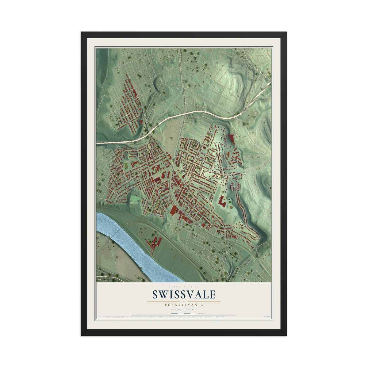 Map of Swissvale, Pennsylvania, 12 x 18 inch print in a black wood frame