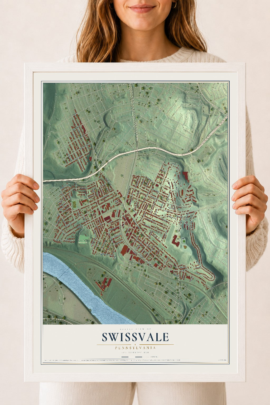 Map of Swissvale, Pennsylvania, 18 x 24 inch print in a white wood frame