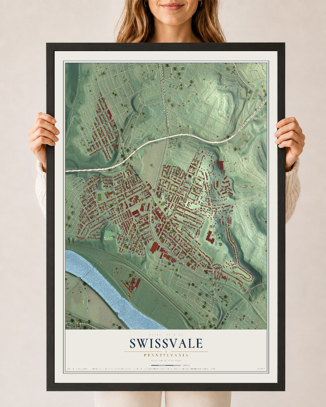 Map of Swissvale, Pennsylvania, 24 x 36 inch print in a black wood frame
