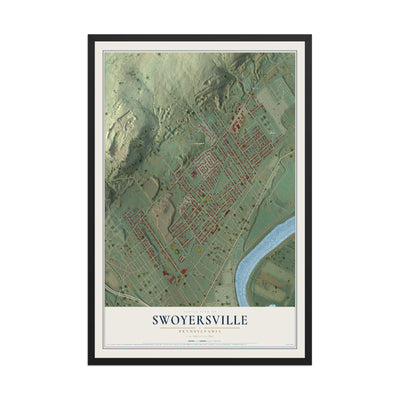 Map of Swoyersville, Pennsylvania, 12 x 18 inch print in a black wood frame