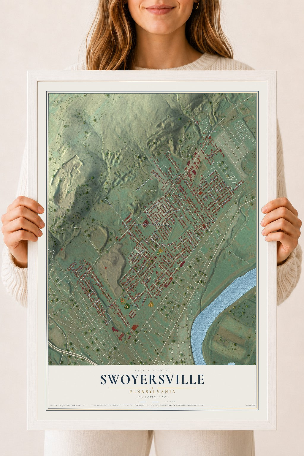 Map of Swoyersville, Pennsylvania, 18 x 24 inch print in a white wood frame