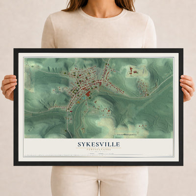 Map of Sykesville, Pennsylvania, 12 x 18 inch print in a black wood frame