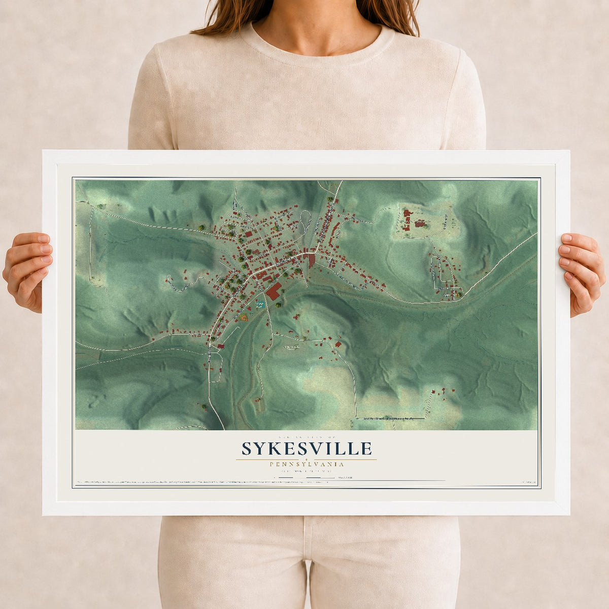 Map of Sykesville, Pennsylvania, 12 x 18 inch print in a white wood frame
