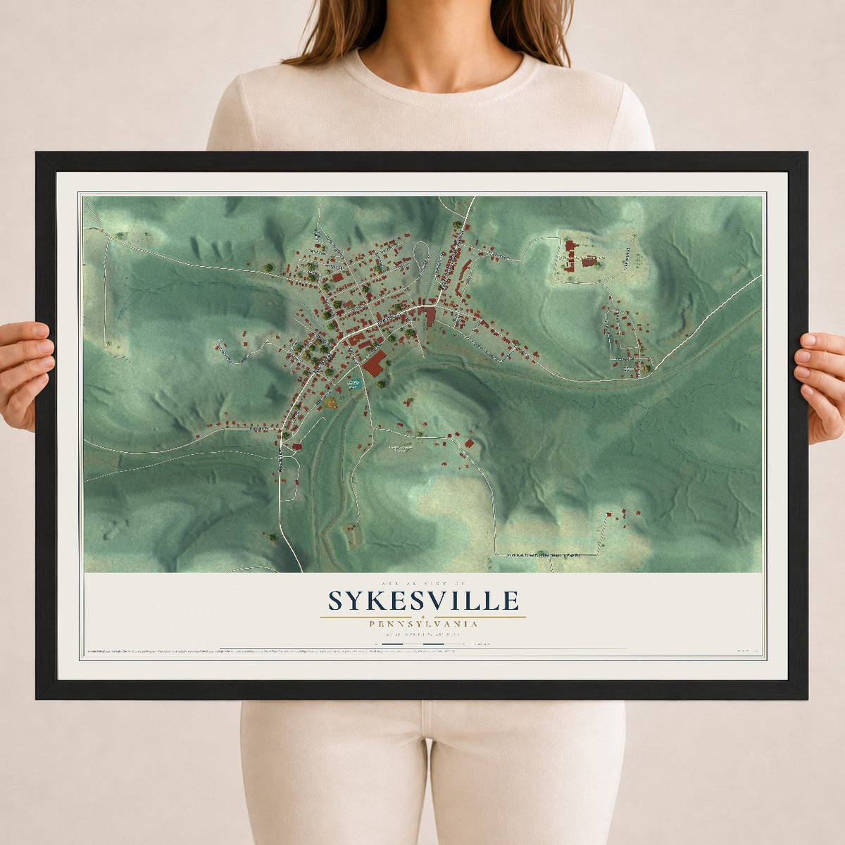 Map of Sykesville, Pennsylvania, 18 x 24 inch print in a black wood frame