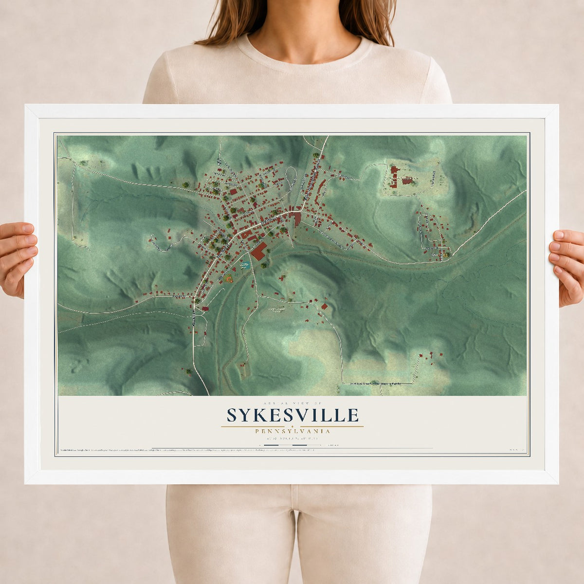 Map of Sykesville, Pennsylvania, 18 x 24 inch print in a white wood frame